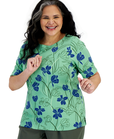 Shop Style & Co Plus Size Printed Elbow-sleeve Top, Created For Macy's In Tulip Green