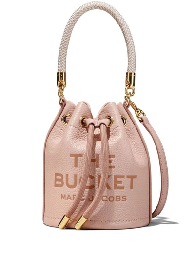 Shop Marc Jacobs 'the Leather Bucket' Mini Pink Handbag With Drawstring And Front Logo In Hammered Leather Woman
