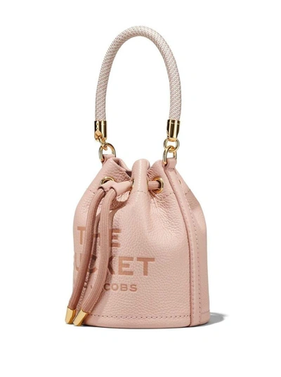 Shop Marc Jacobs 'the Leather Bucket' Mini Pink Handbag With Drawstring And Front Logo In Hammered Leather Woman