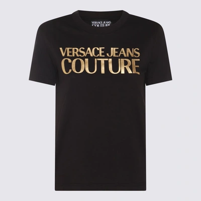 Shop Versace Jeans Couture Black And Gold-tone Cotton T-shirt