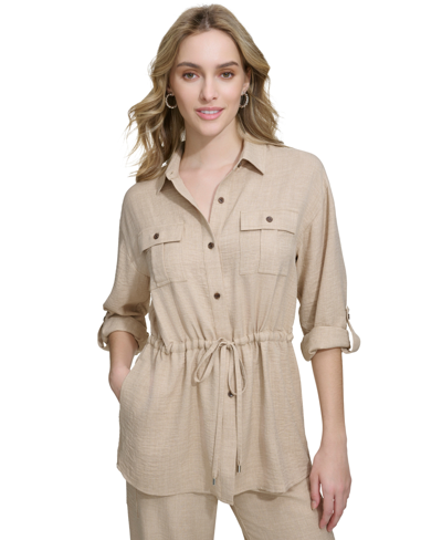 Shop Calvin Klein Women's Drawstring-waist Utility Shirt In Nomad