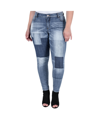 Shop Standards & Practices Plus Size Women's Patchwork Stretch Denim Premium Jeans In Blue Patch
