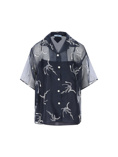 Shop Prada Embroidered Organza Shirt In Navy
