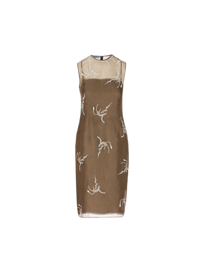Shop Prada Allover Embroidered Sleeveless Midi Dress In Brown