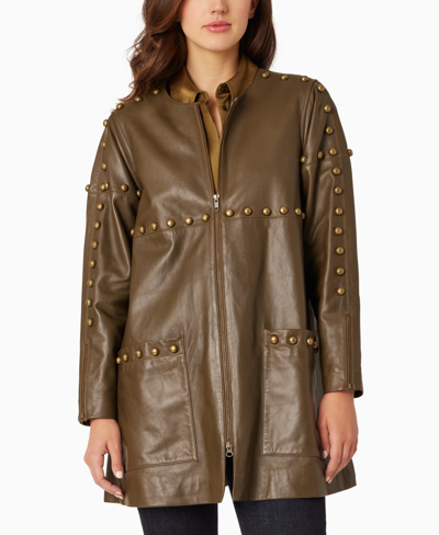 Shop Adrienne Landau Women's Studded Woven Zip-front Leather Coat In Fir Green
