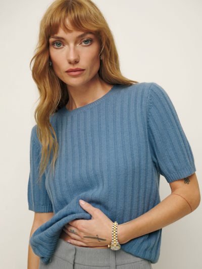 Shop Reformation Tess Cashmere Short Sleeve Sweater In Bluebell