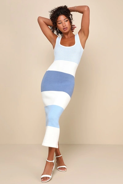 Lulus Easily Gorgeous Ivory And Light Blue Striped Midi Sweater Dress In Light Blue