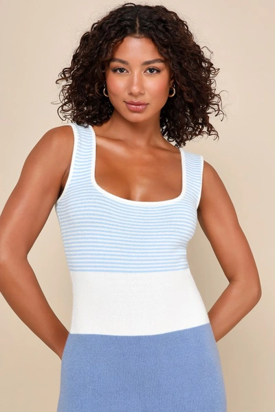 Lulus Easily Gorgeous Ivory And Light Blue Striped Midi Sweater Dress In Light Blue