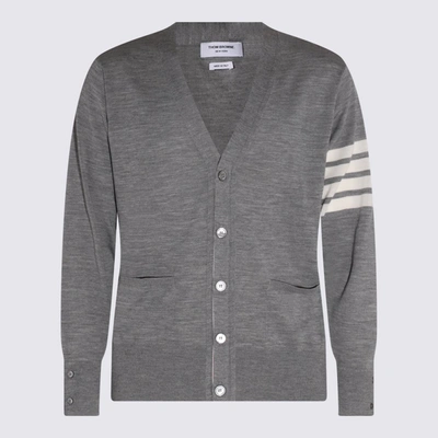 Thom Browne Medium Grey Wool Cardigan With Distinctive Stripe Detail In Pale Grey