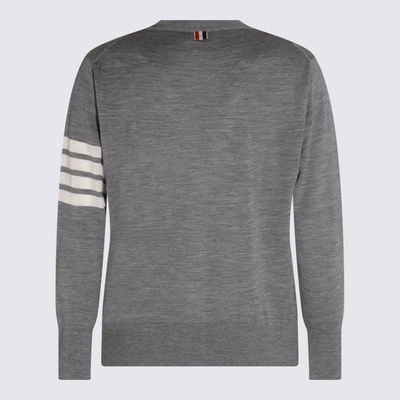 Thom Browne Medium Grey Wool Cardigan With Distinctive Stripe Detail In Pale Grey