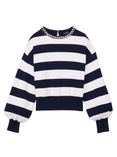 Shop Kate Spade Women's Awning Stripe Imitation-pearl-embellished Sweater In French Navy