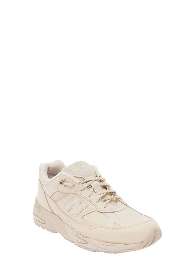 Shop New Balance '991' Beige Panelled Sneakers With Logo Patch In Leather And Fabric Man In White