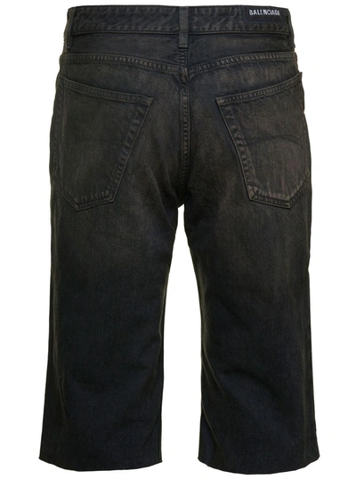 Shop Balenciaga Black Bermuda Shorts With Washed-out Effect And Logo Patch In Cotton Denim Man