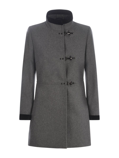 Fay Long Wool Coat With High Collar In Grey