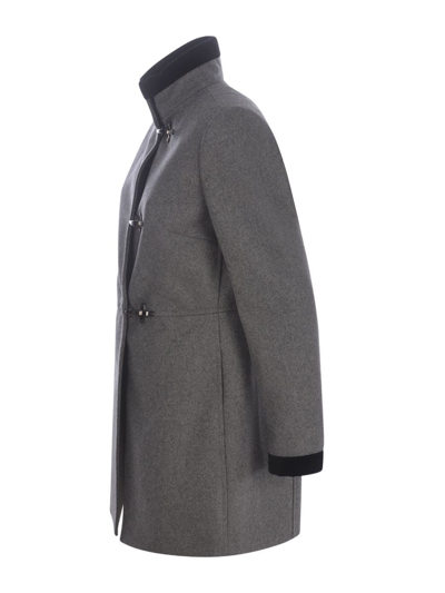 Fay Long Wool Coat With High Collar In Grey