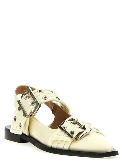 Shop Ganni White Slingback Ballet Flats With Chunky Buckle In Recycled Polyester Blend Woman