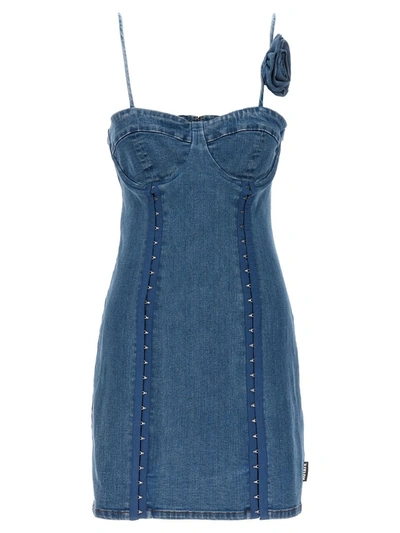Shop Rotate Birger Christensen Mini Blue Dress With Rose Detail In Cotton Denim Woman