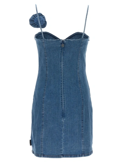 Shop Rotate Birger Christensen Mini Blue Dress With Rose Detail In Cotton Denim Woman