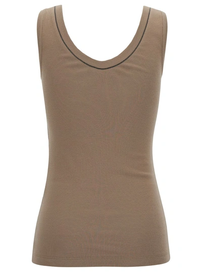 Shop Brunello Cucinelli Brown Rib Tank Top With Monile Detail In Stretch Cotton Woman In Beige