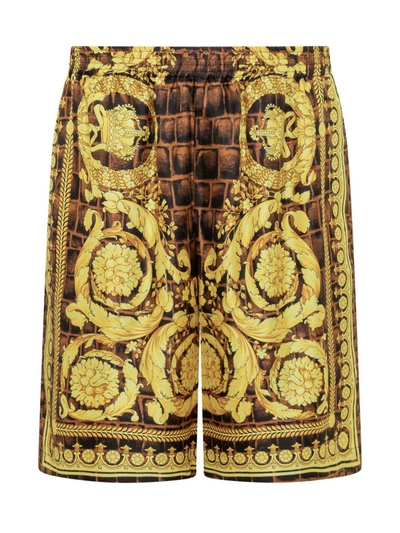 Shop Versace Shorts In Caramel+black+gold