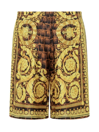 Shop Versace Shorts In Caramel+black+gold