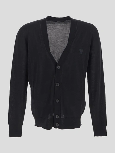 Shop Versace V-neck Knit Cardigan In Black