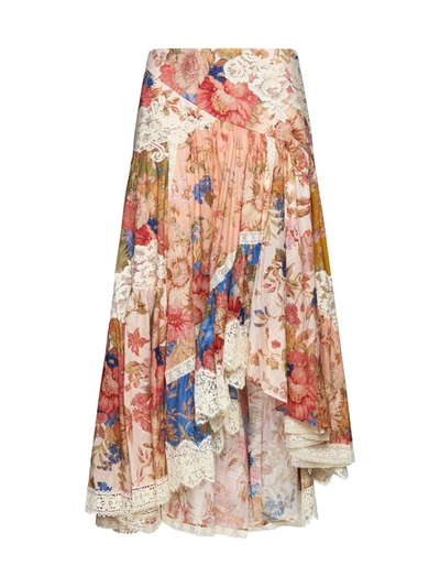 Shop Zimmermann Floral Print Cotton Midi Skirt In Multicolour