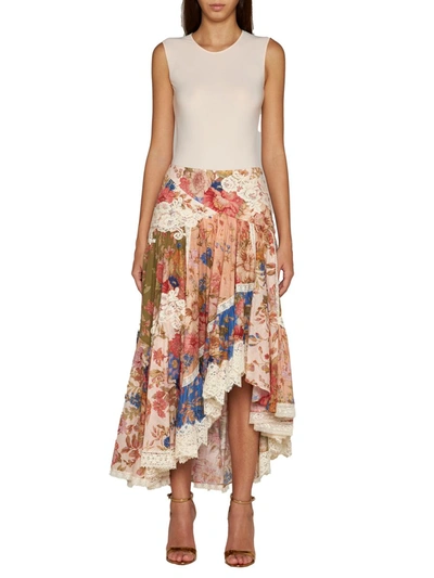 Shop Zimmermann Floral Print Cotton Midi Skirt In Multicolour