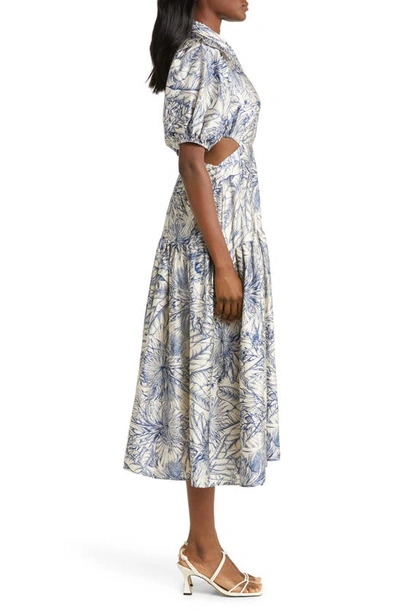 Melloday Botanical Print Short Sleeve Cutout Dress In Navy Tropical