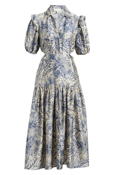 Melloday Botanical Print Short Sleeve Cutout Dress In Navy Tropical