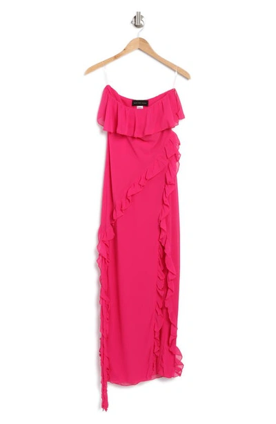 Know One Cares Ruffle Strapless Gown In Hot Pink