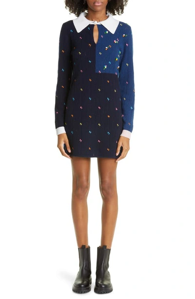 Shop Yanyan Rosie Colorblock Long Sleeve Lambswool Pointelle Sweater Dress In Navy