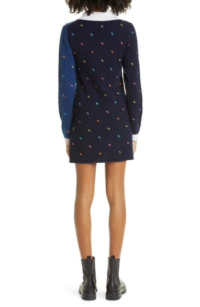 Yanyan Rosie Colorblock Long Sleeve Lambswool Pointelle Sweater Dress In Navy