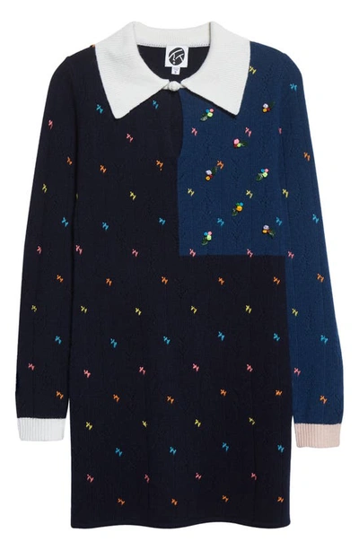 Yanyan Rosie Colorblock Long Sleeve Lambswool Pointelle Sweater Dress In Navy