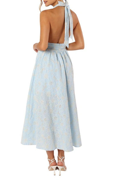 Petal And Pup Taila Eyelet Embroidered Halter Neck Cotton Maxi Dress In Blue Floral