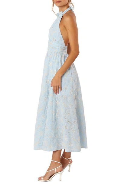Petal And Pup Taila Eyelet Embroidered Halter Neck Cotton Maxi Dress In Blue Floral