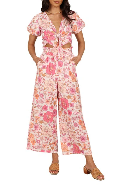 Shop Petal And Pup Matilda Floral Print Linen Blend Crop Top & Wide Leg Pants Set In Pink Floral