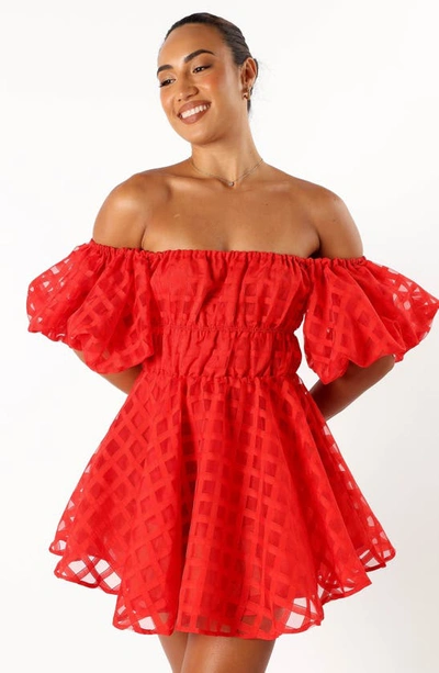 Shop Petal And Pup Petal & Pup Philia Check Off The Shoulder Minidress In Red