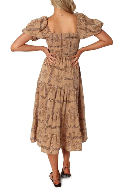 Petal And Pup Soliel Puff Sleeve Midi Dress In Tan Black