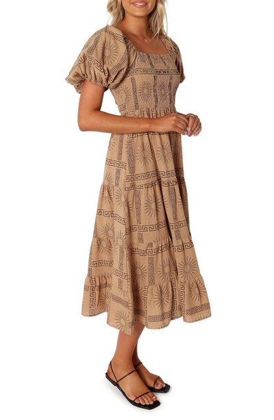 Petal And Pup Soliel Puff Sleeve Midi Dress In Tan Black