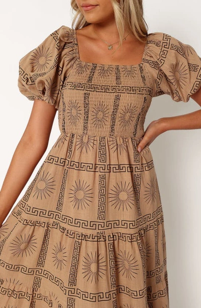 Petal And Pup Soliel Puff Sleeve Midi Dress In Tan Black