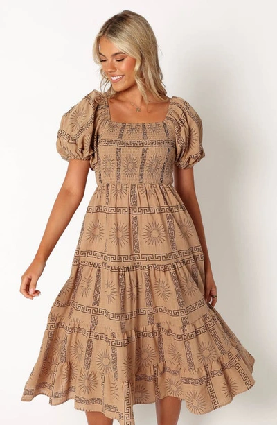 Petal And Pup Soliel Puff Sleeve Midi Dress In Tan Black