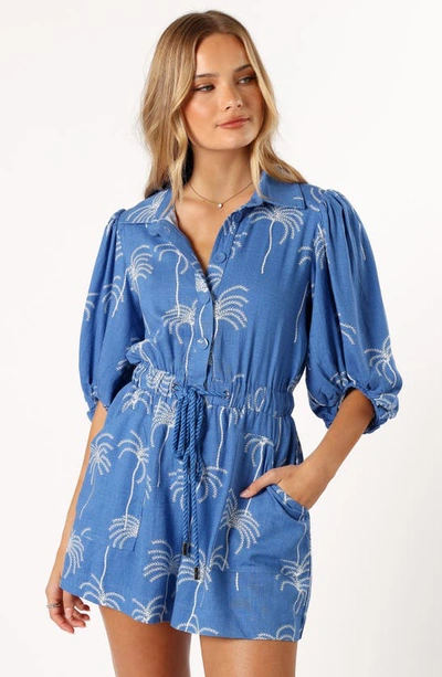 Shop Petal And Pup Petal & Pup Gina Print Romper In Blue Palm Print