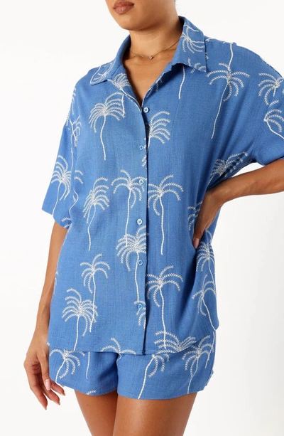 Shop Petal And Pup Petal & Pup Amira Short Sleeve Button-up Shirt In Blue Palm Print