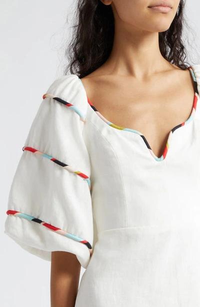 Shop Farm Rio Stripe Trim Puff Sleeve Linen Minidress In White