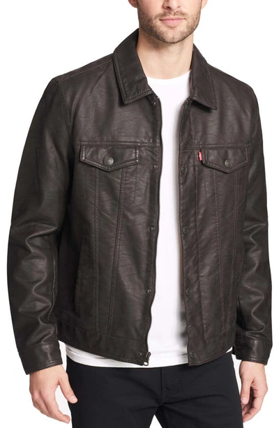 Shop Levi's Faux Leather Trucker Jacket In Dark Brown