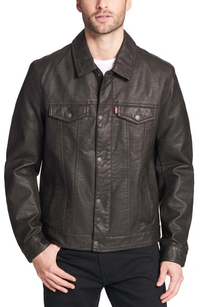 Shop Levi's Faux Leather Trucker Jacket In Dark Brown