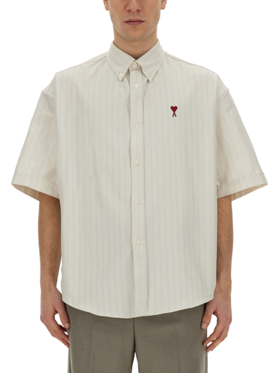 Shop Ami Alexandre Mattiussi Shirt With Logo Embroidery In Beige