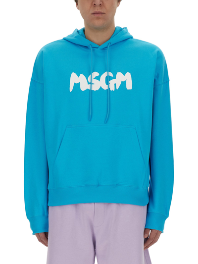 Shop Msgm Sweatshirt With Logo In Azure