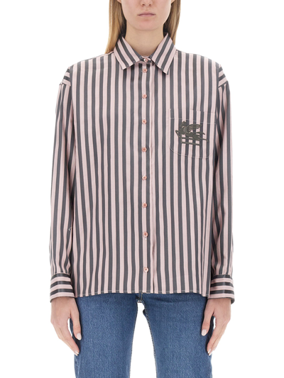 Etro Pegaso-embroidered Striped Shirt In Pink